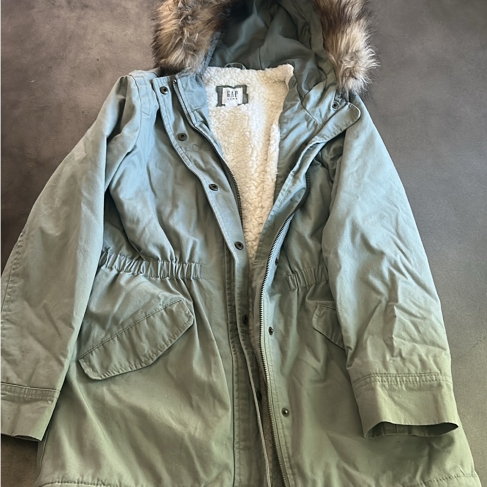 GAP kids (12) Green Parka Coat with Faux Fur Hood